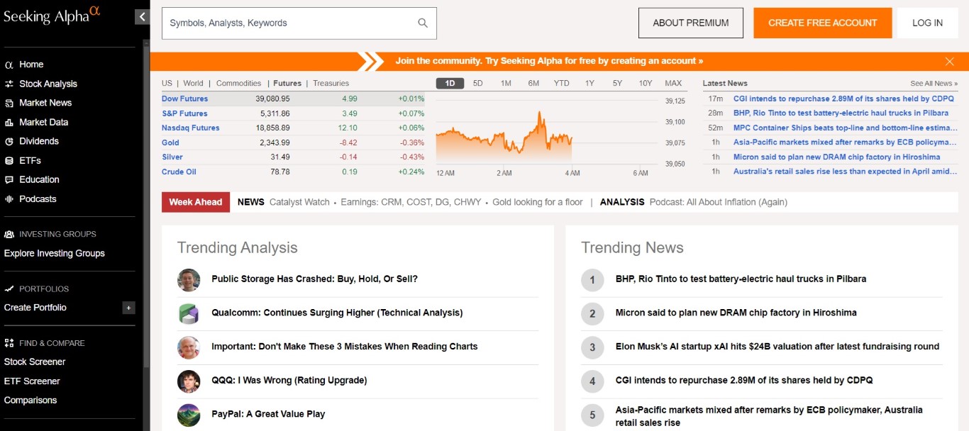 La page d'accueil du site Seeking Alpha